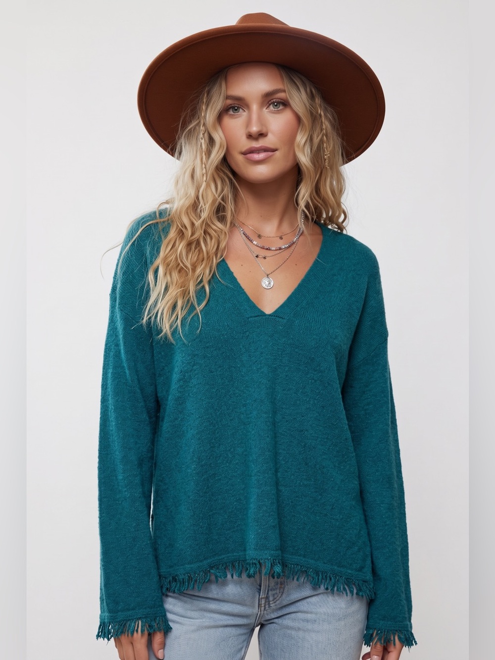 Anthropologie Teal Bouclé V Neck Fringe Hem Sweater Size Large
